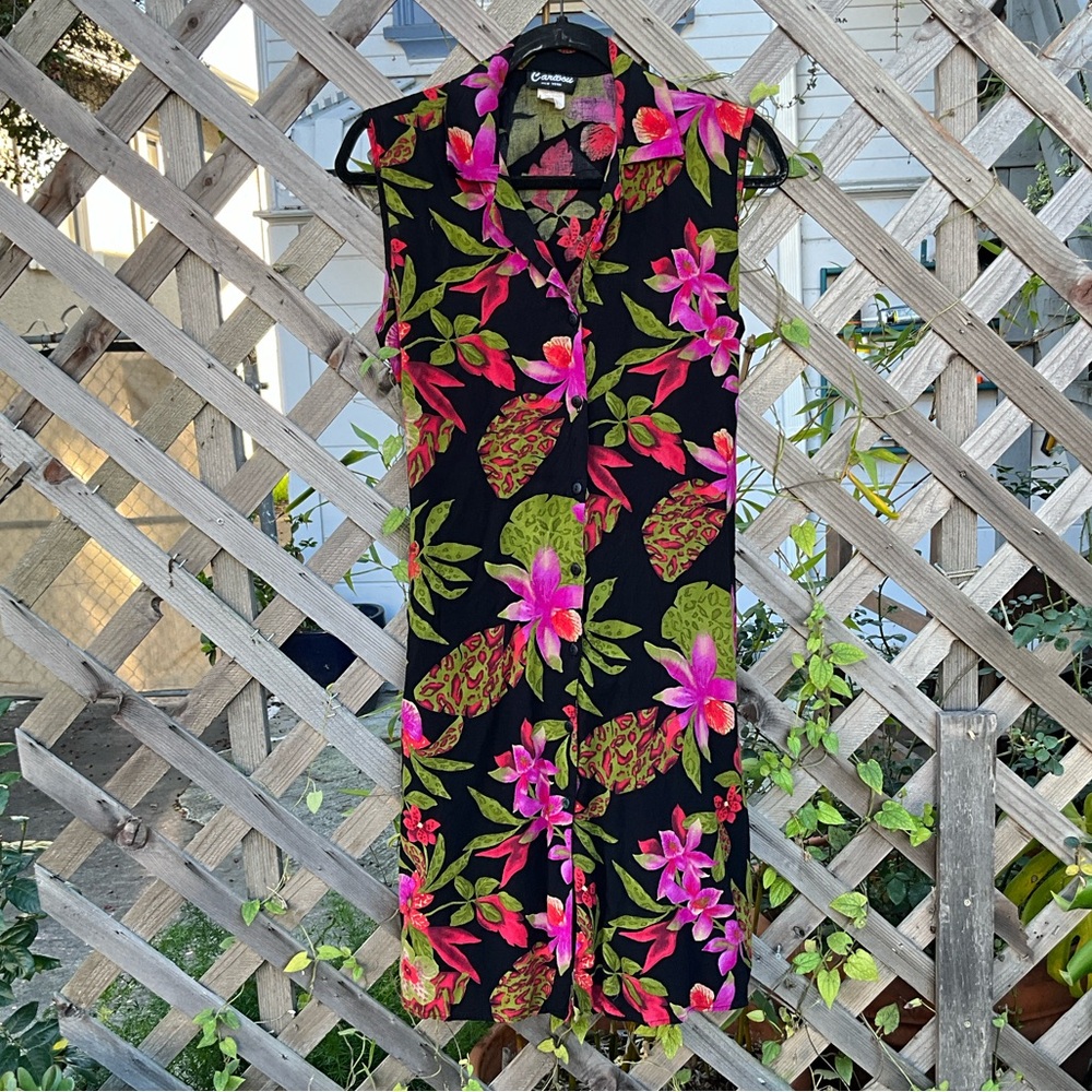 Vintage 90s Black Floral Tropical Rayon Button Up Dress